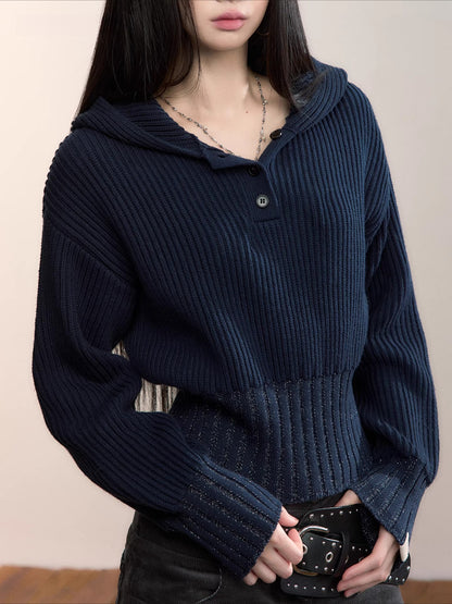 Ribbed Hooded Knit Pullover Sweater