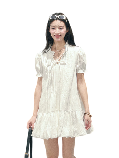 Soft Pleated Puff-Sleeve Mini Dress