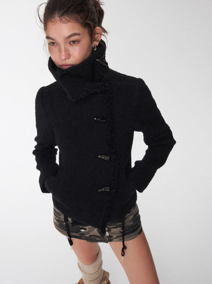 Wool Blend Horn Button High-neck Jacket