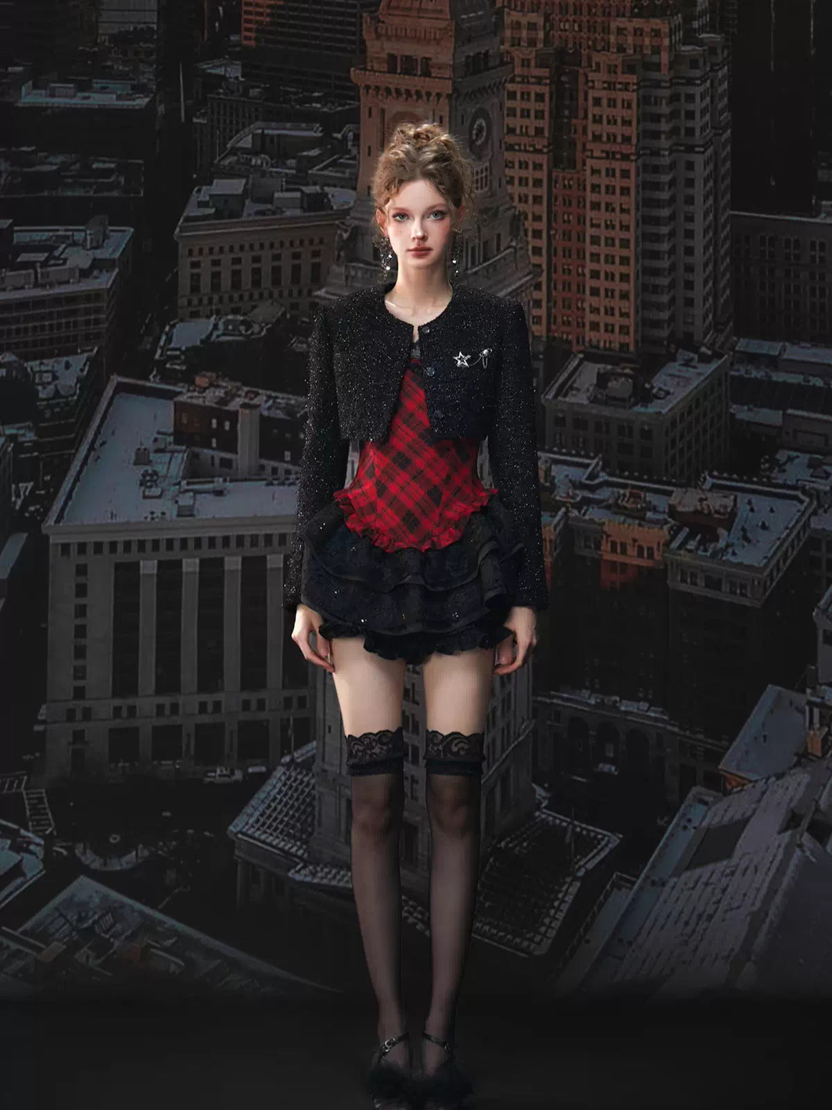 Plaid Puff Dress with Lace Overlay Set