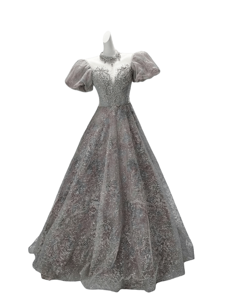 Light Drift Floral Tulle Gown with Puff Sleeves