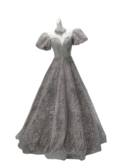 Light Drift Floral Tulle Gown with Puff Sleeves