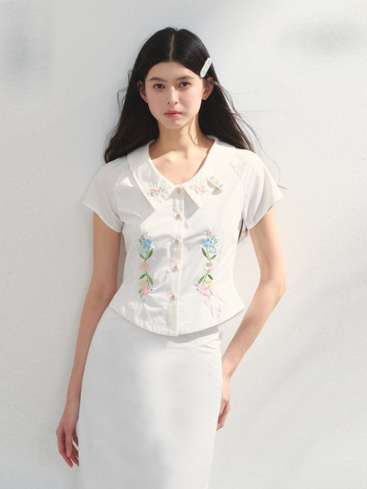 Embroidered Short-sleeve Waist-cinching Shirt &amp; Skirt Set