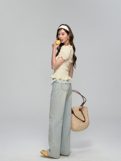 Three-Dimensional Flower Pleated Short-Sleeve Blouse - CHINASQUAD