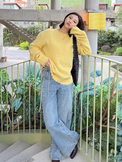 Asymmetric Tie-Detail Loop-Tab Denim Jeans