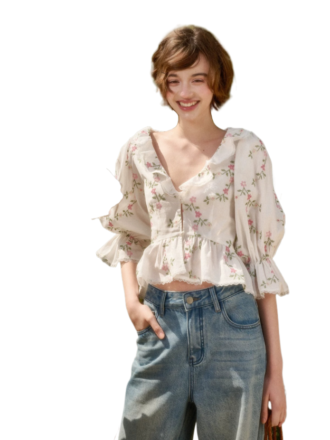 Vintage French Floral Cotton Ruffle Blouse