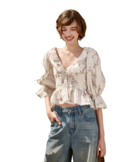 Vintage French Floral Cotton Ruffle Blouse