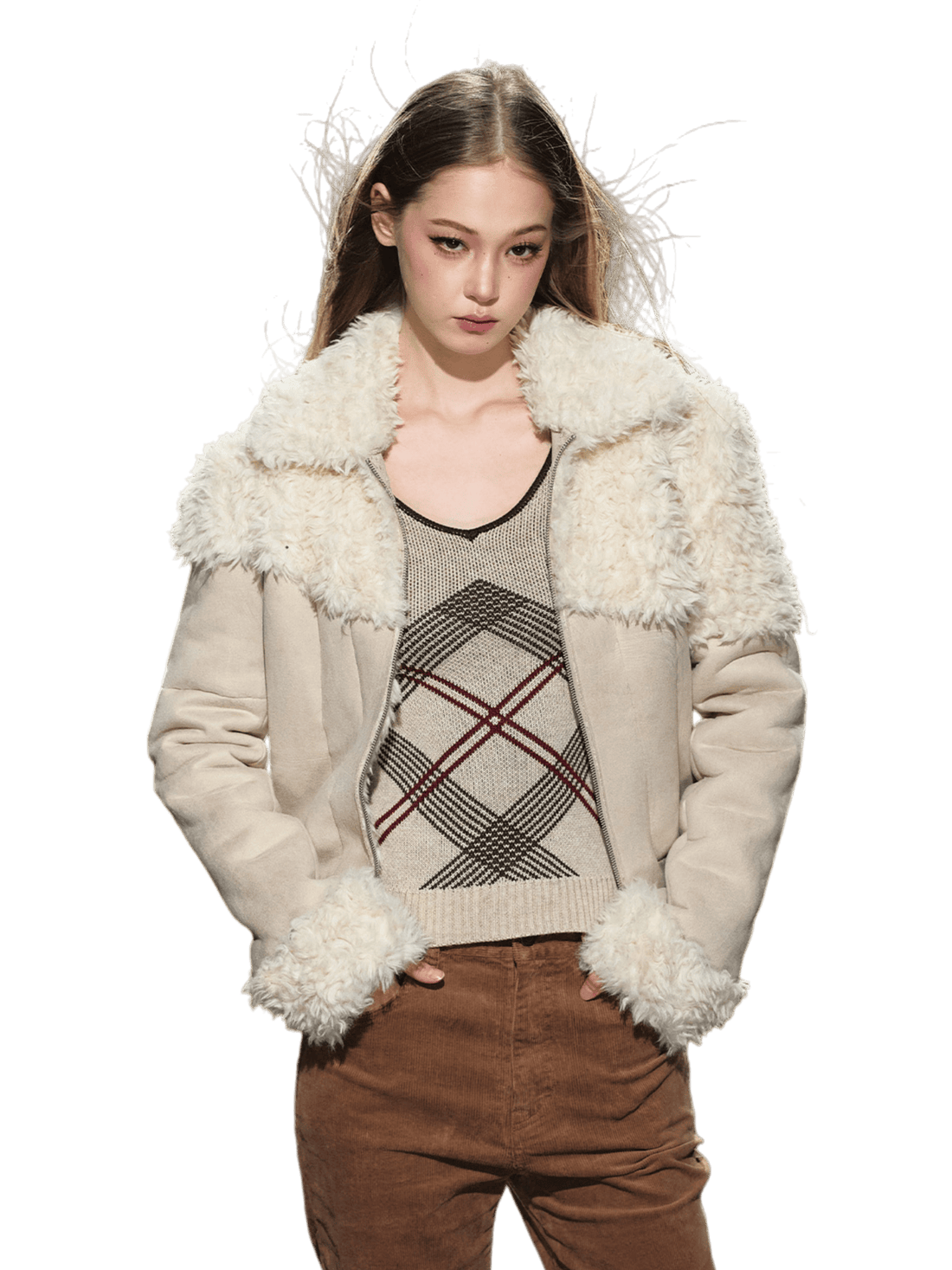 Faux Shearling Fitted Fur-Collar Jacket