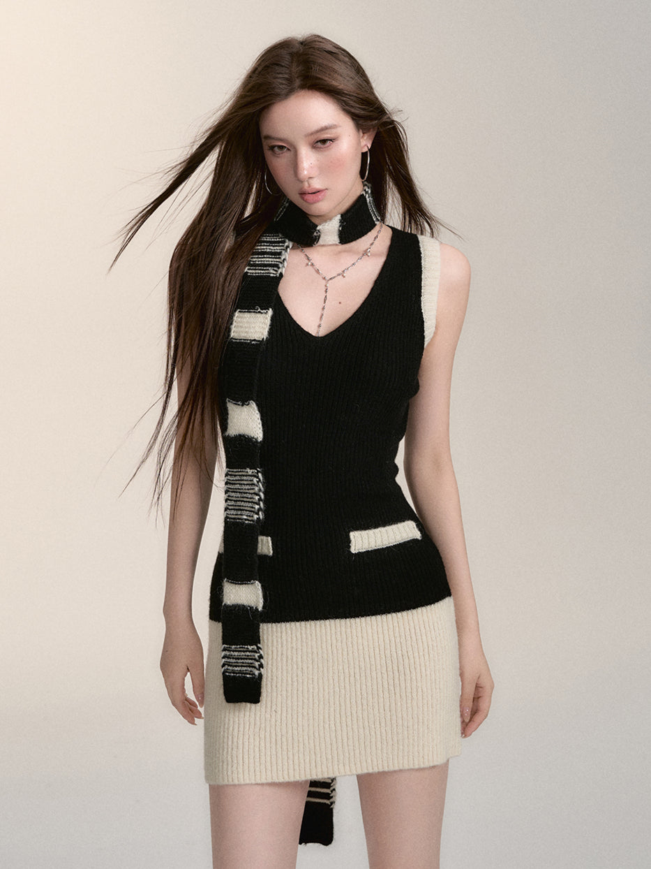 Color-block Knit Cardigan Dress &amp; Scarf Set