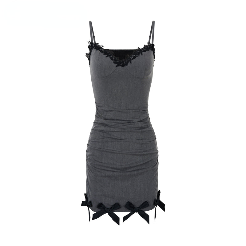 Grey Lace Patchwork High-Waisted Suit Suspender Dress - CHINASQUAD