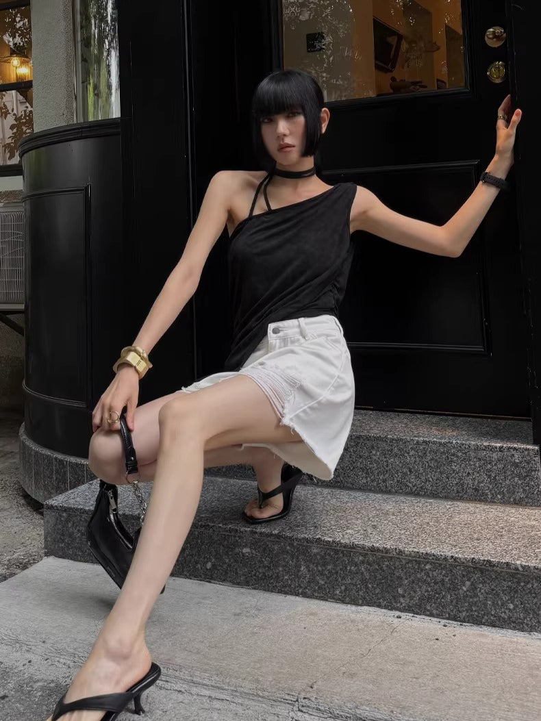 Raw-Hem A-Line Denim Shorts