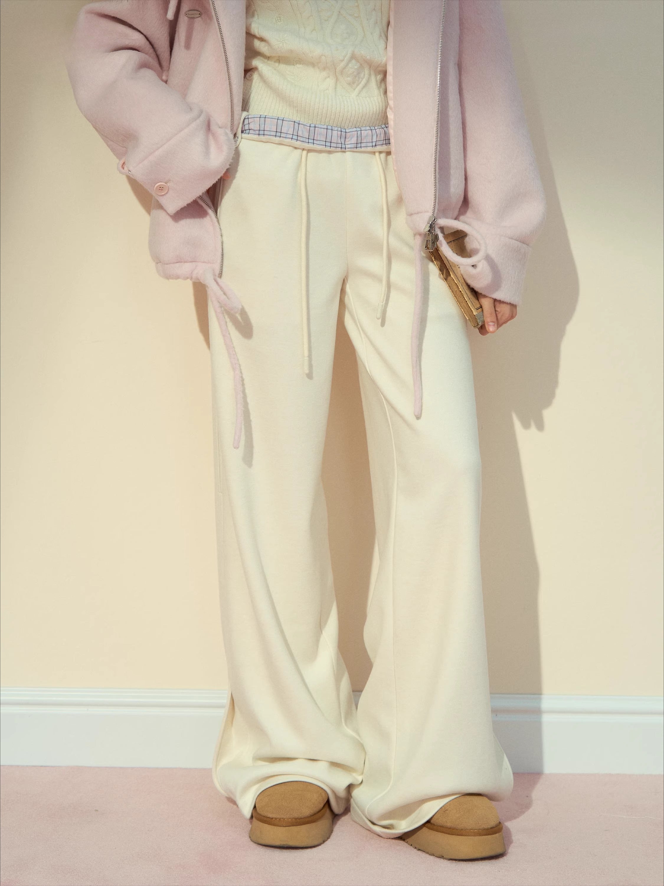Plaid-Waist Straight Wool Trousers