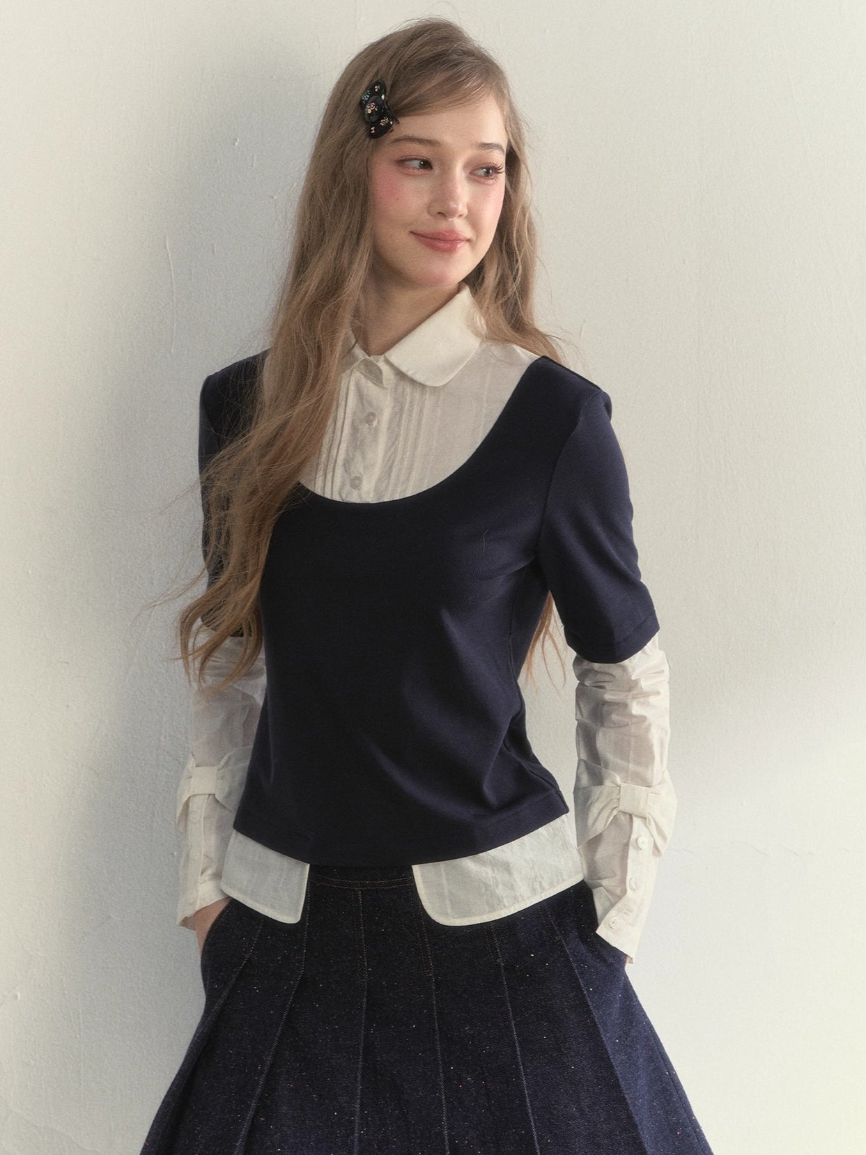 Navy Layered Long-Sleeve Knit Shirt