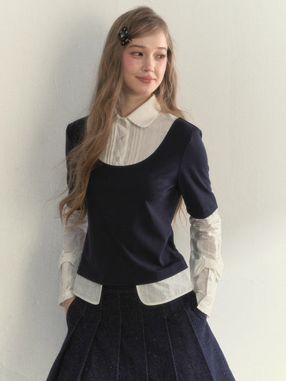 Navy Layered Long-Sleeve Knit Shirt