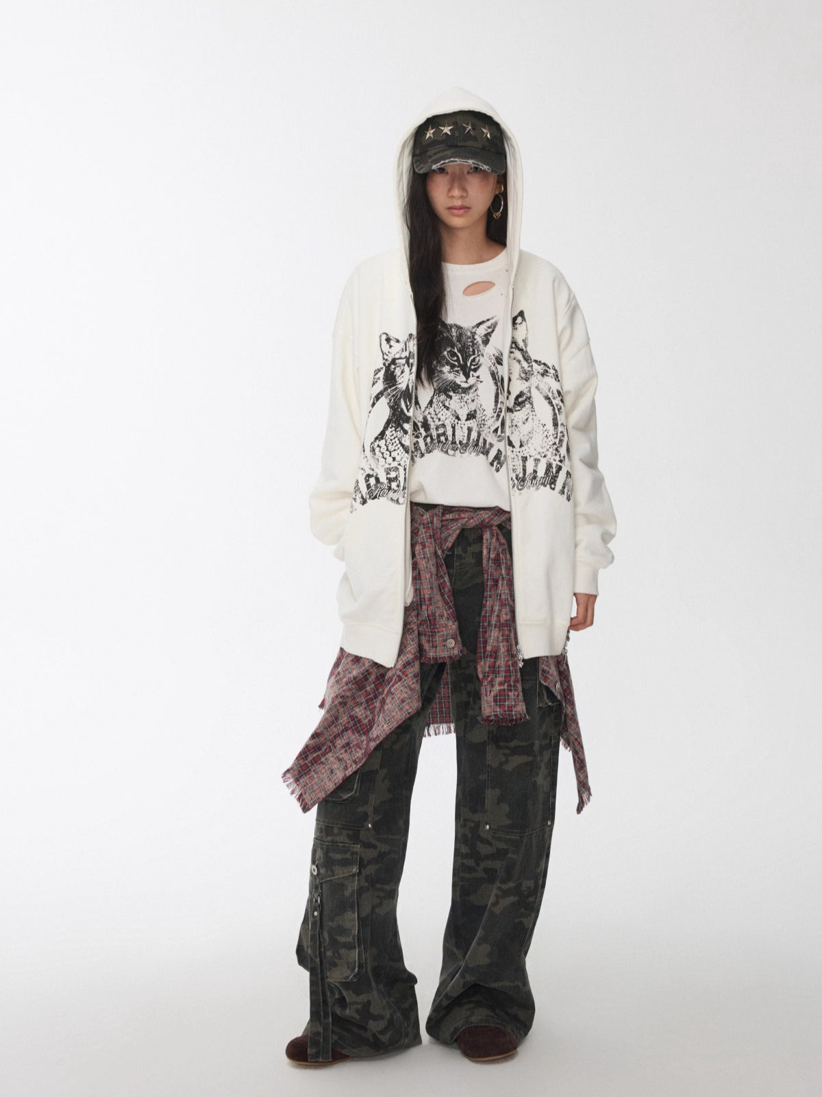 Washed Camouflage Multi-Pocket Cargo Wide-Leg Pants