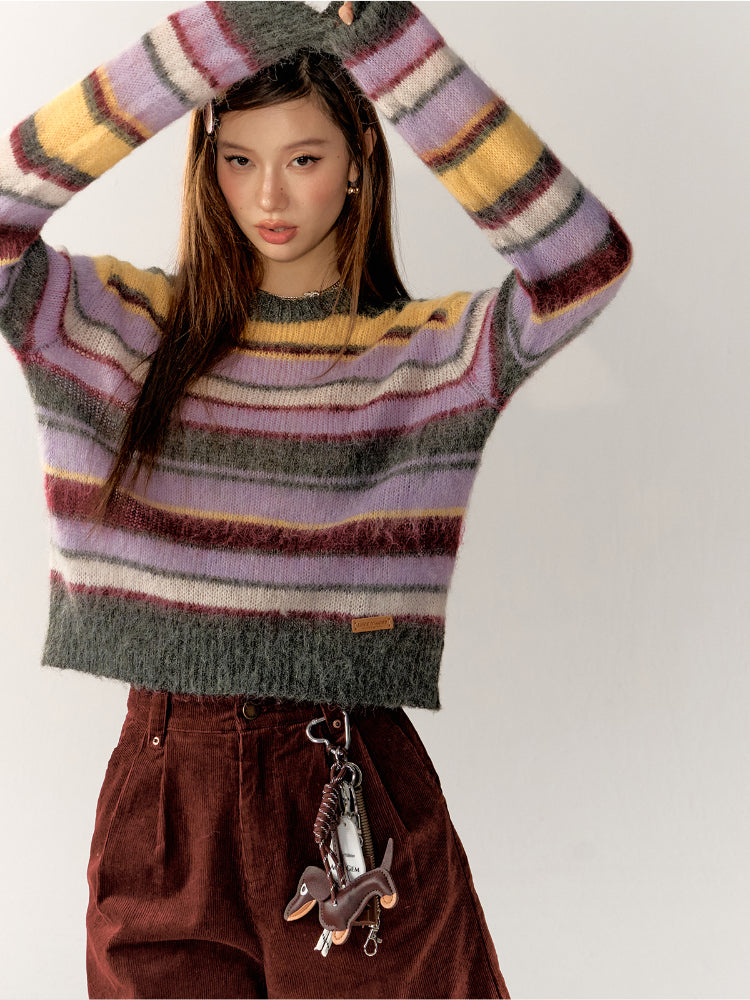 Color-Block Crew Neck Striped Knit Sweater