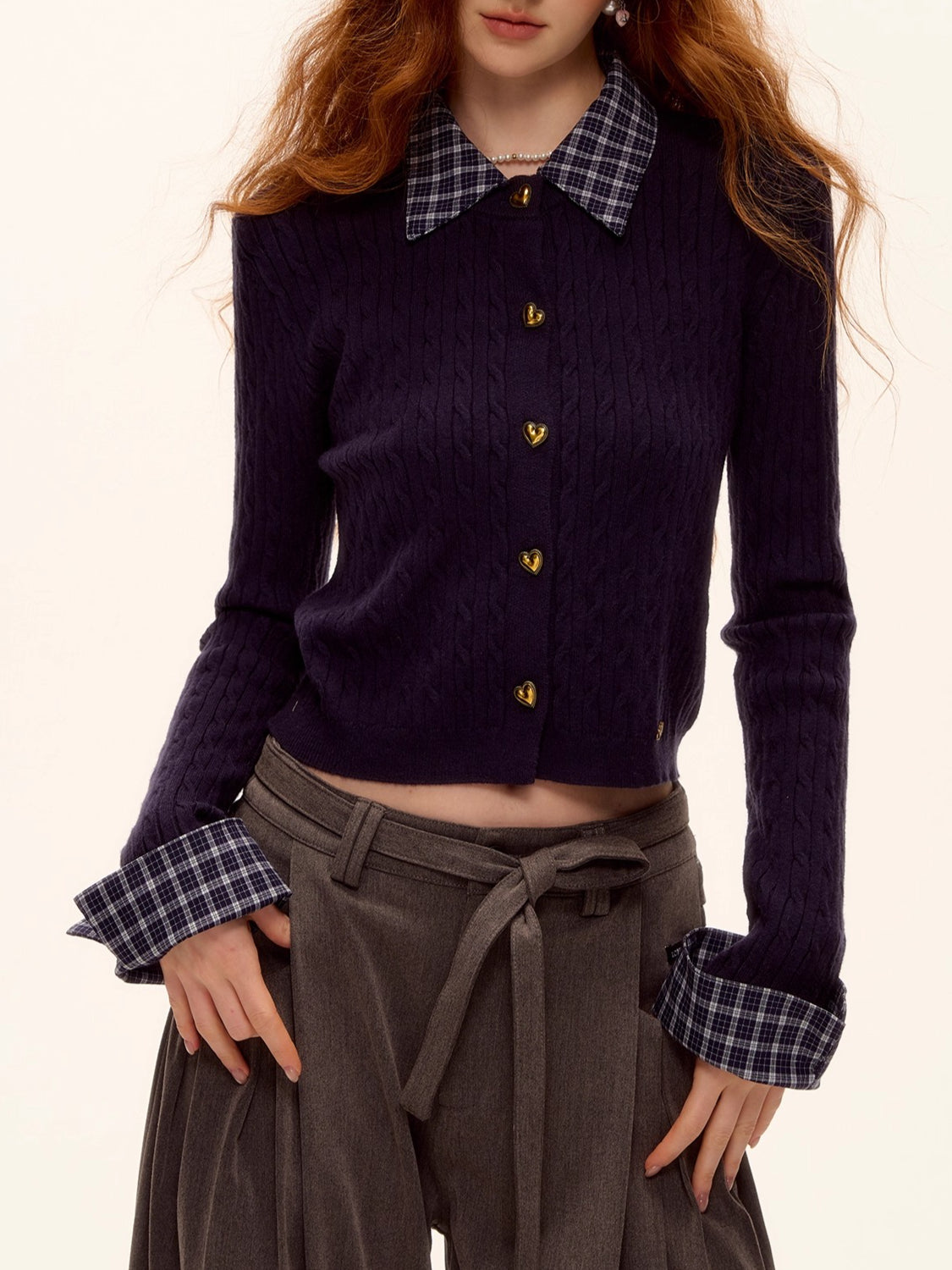 Wool Blend Plaid Patchwork Cable Knit Cardigan