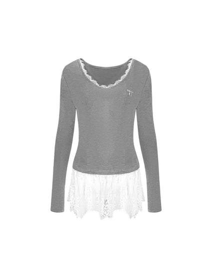 Lace-Trimmed Gray V-Neck Long Sleeve Top