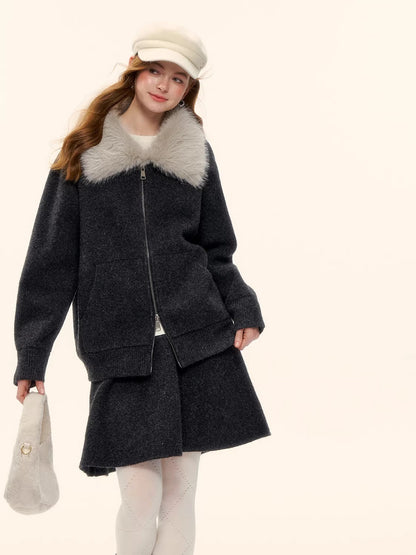 Wool-Blend Zip-Up Knit Jacket