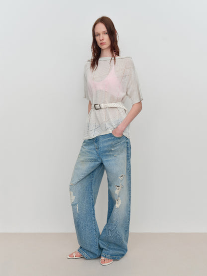 Linen Hollow-out Knitted T-Shirt