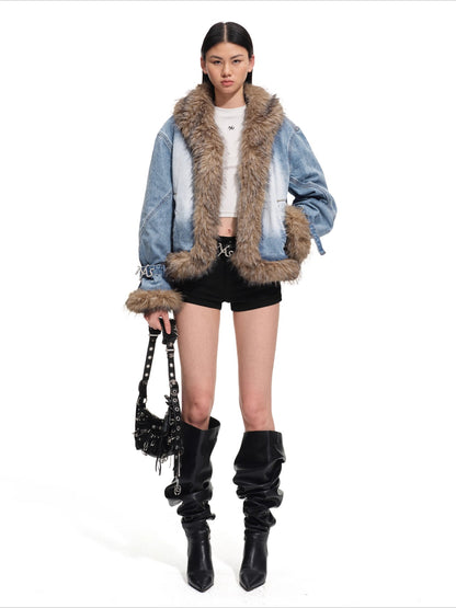 Faux-Fur Trim Washed Denim Jacket