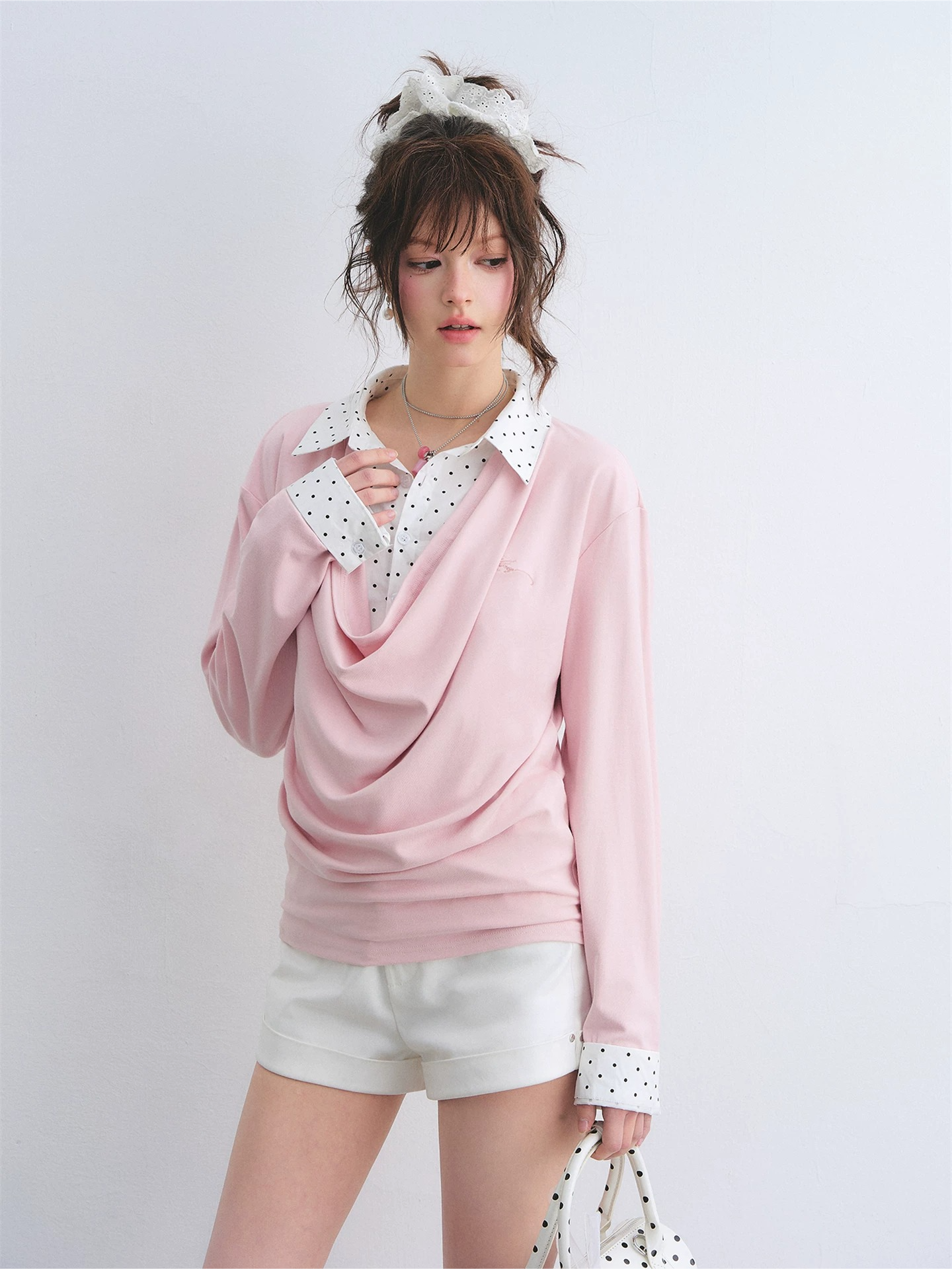 Polka Dot Shirt Panel Faux-Layer Draped Collar Top