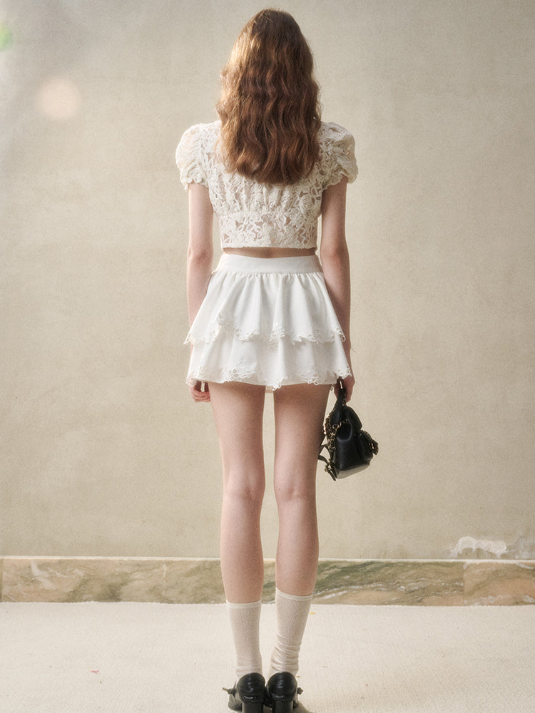 Flower Embroidered Lace Waist Skirt