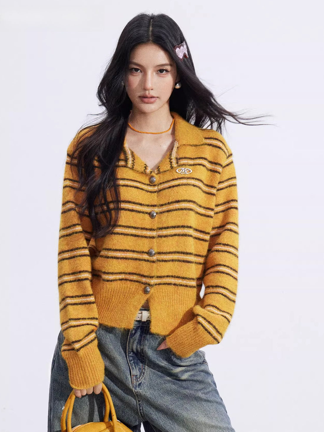 Pumpkin Stripe Polo Knit cardigan