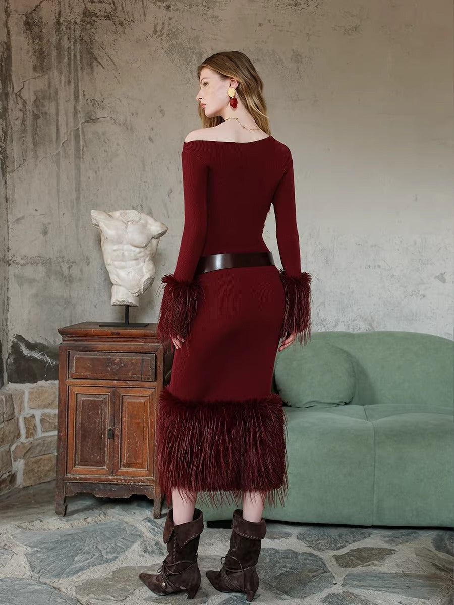 Vintage Off-Shoulder Knit Maxi Dress