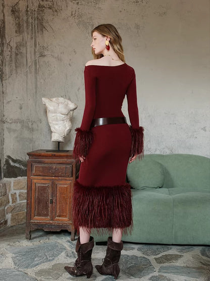 Vintage Off-Shoulder Knit Maxi Dress