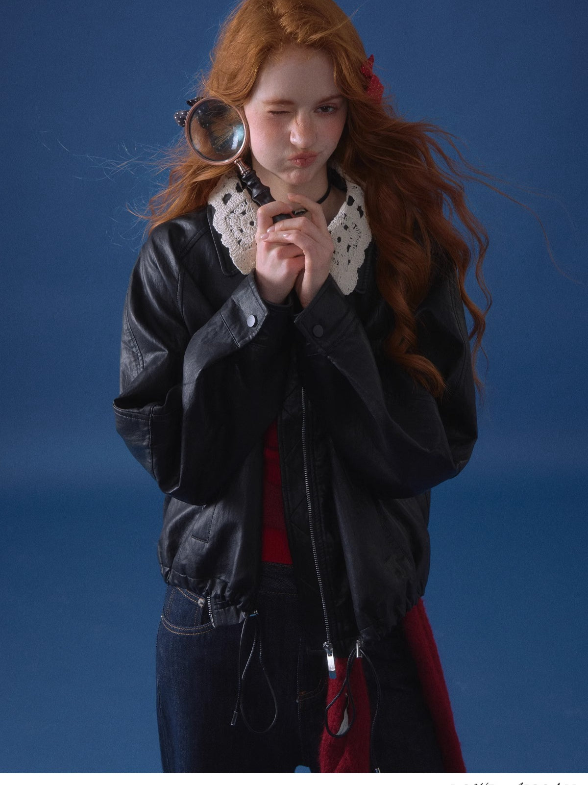 Detachable Collar Zip-Up Leather Jacket
