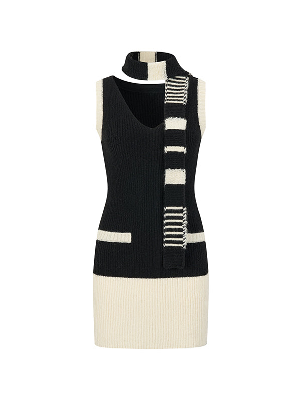 Color-block Knit Cardigan Dress &amp; Scarf Set