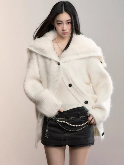 Fox Fur Collar Plush Knit Cardigan