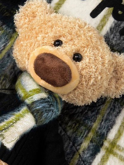 Plaid Patchwork Teddy Zip Overshirt Jacket