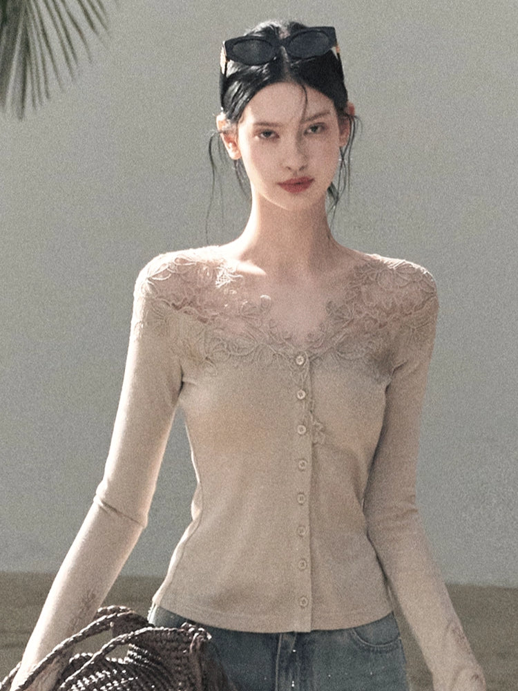 Sculpted Lace-Trim V-Neck Fitted Knit Cardigan