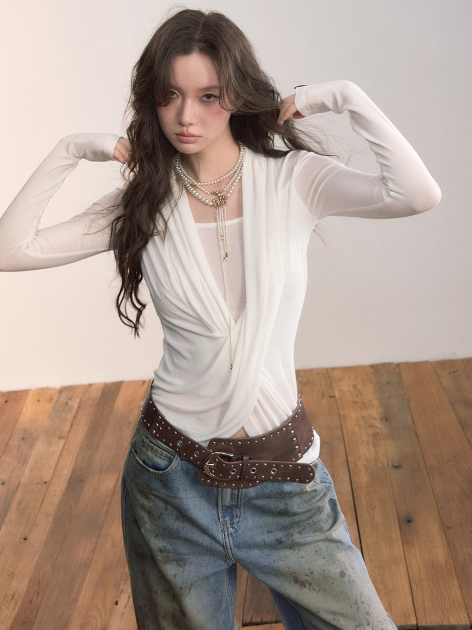 Draped Crossover Wool-Blend Asymmetric Blouse