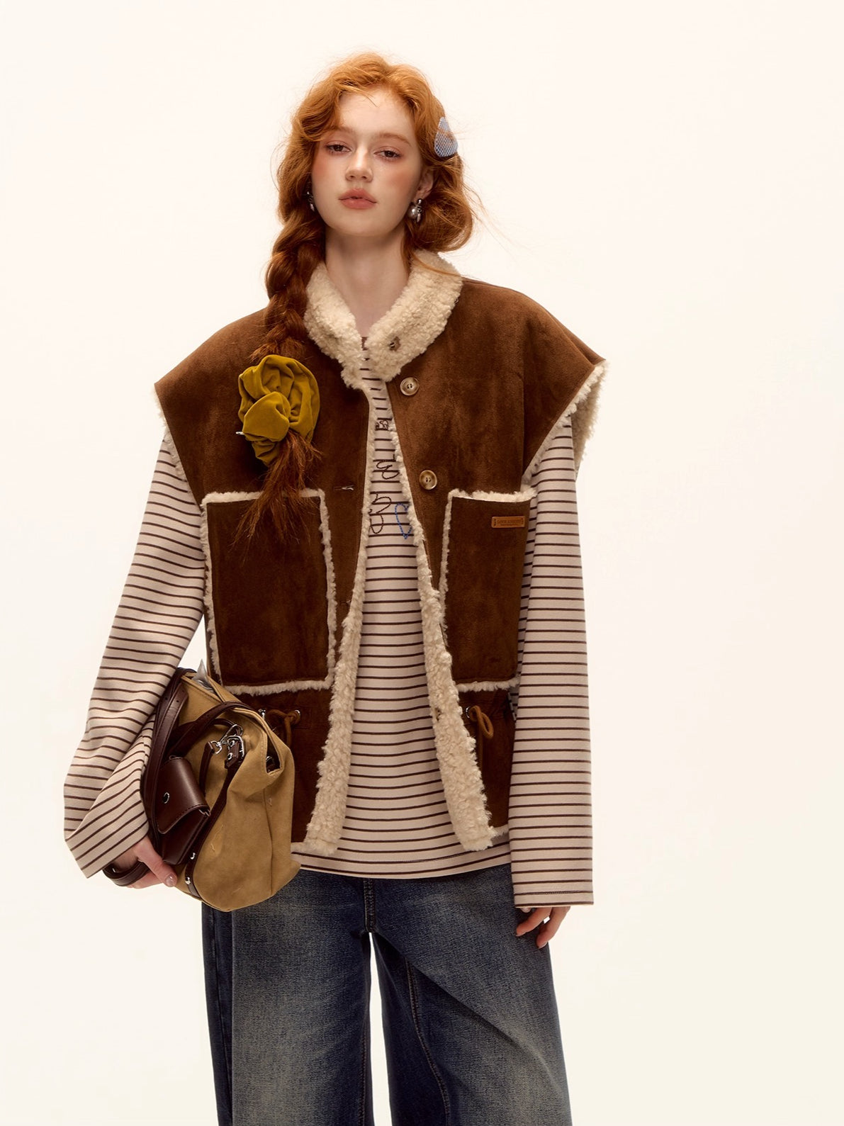 Reversible Faux Shearling Suede Drawstring Vest