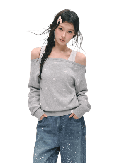 Off-Shoulder Polka Dot Layered Knit Sweater