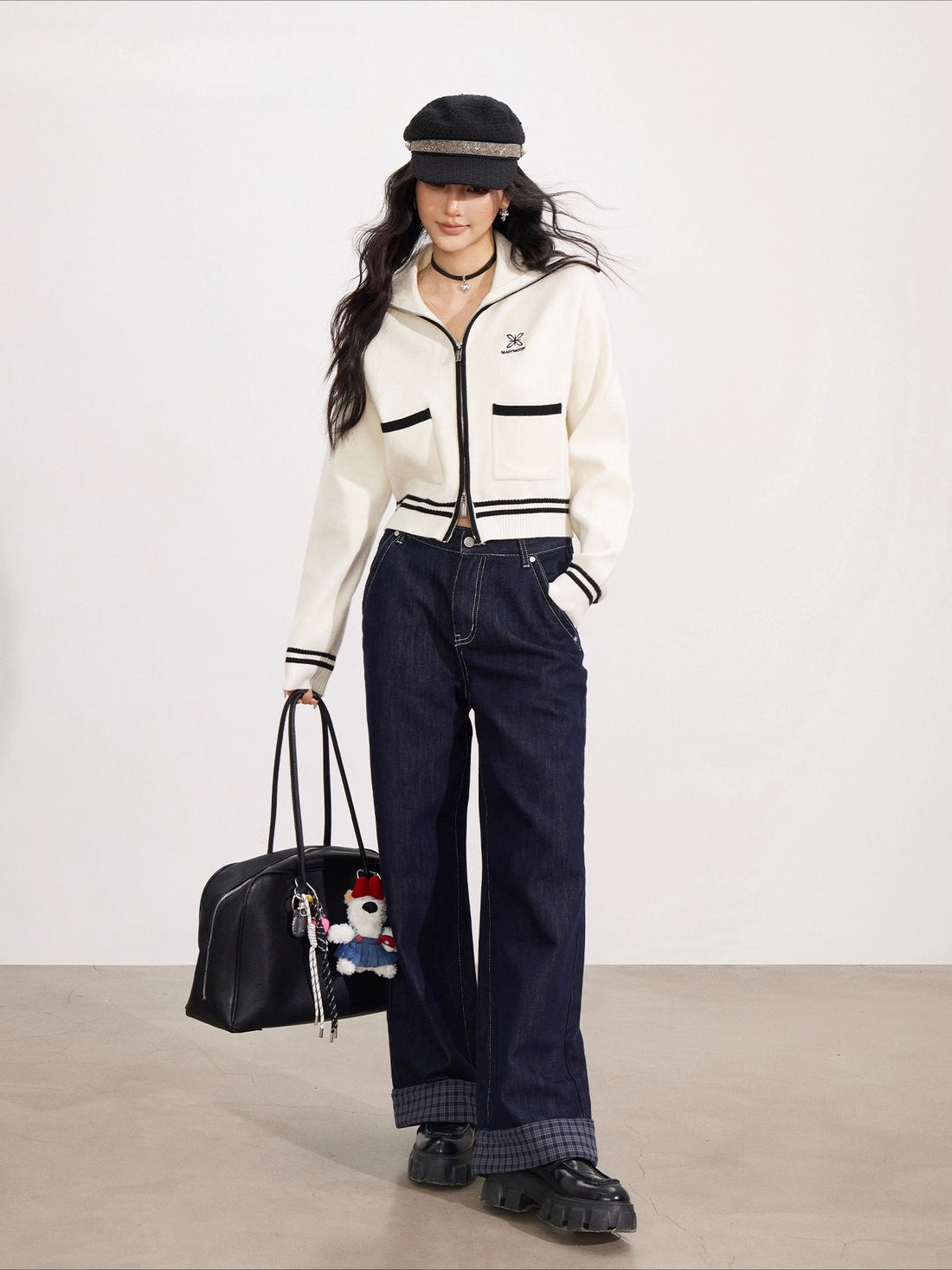 Contrast Trim Zip-Up Sailor Collar Knit Cardigan