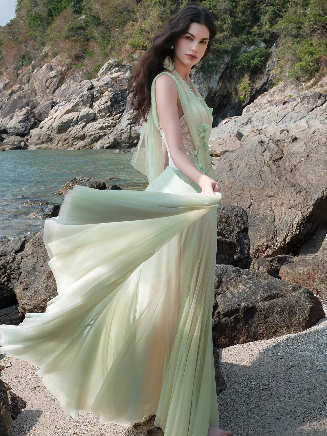 Heavy Lace Halter Corset Mesh Maxi Dress