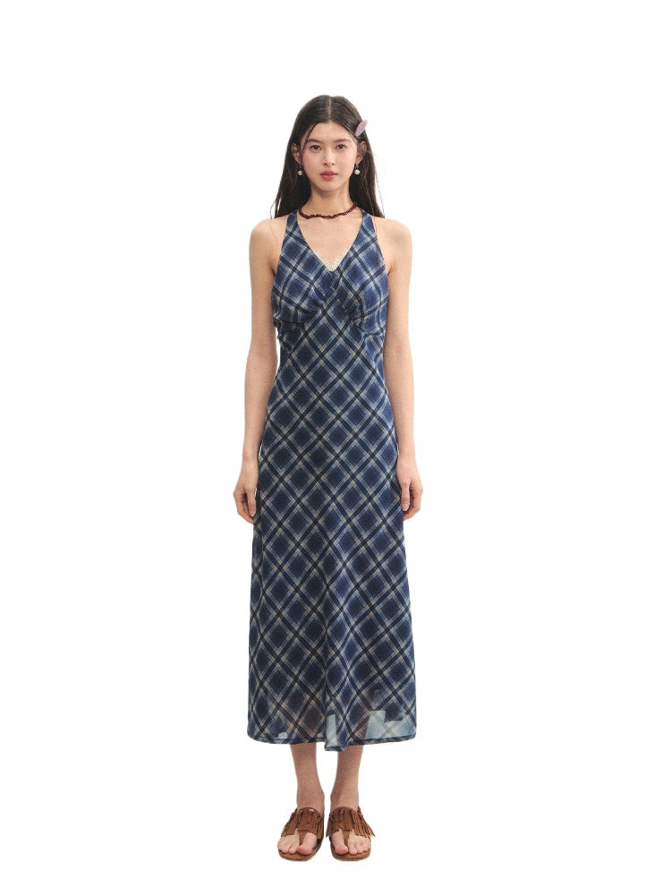 V-Neck Lace Spliced Halter Dress