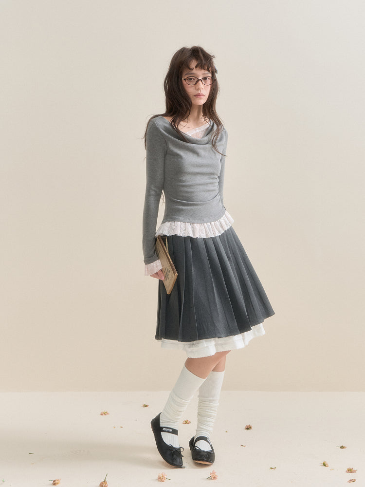 Gray Pleated Lace Skirt