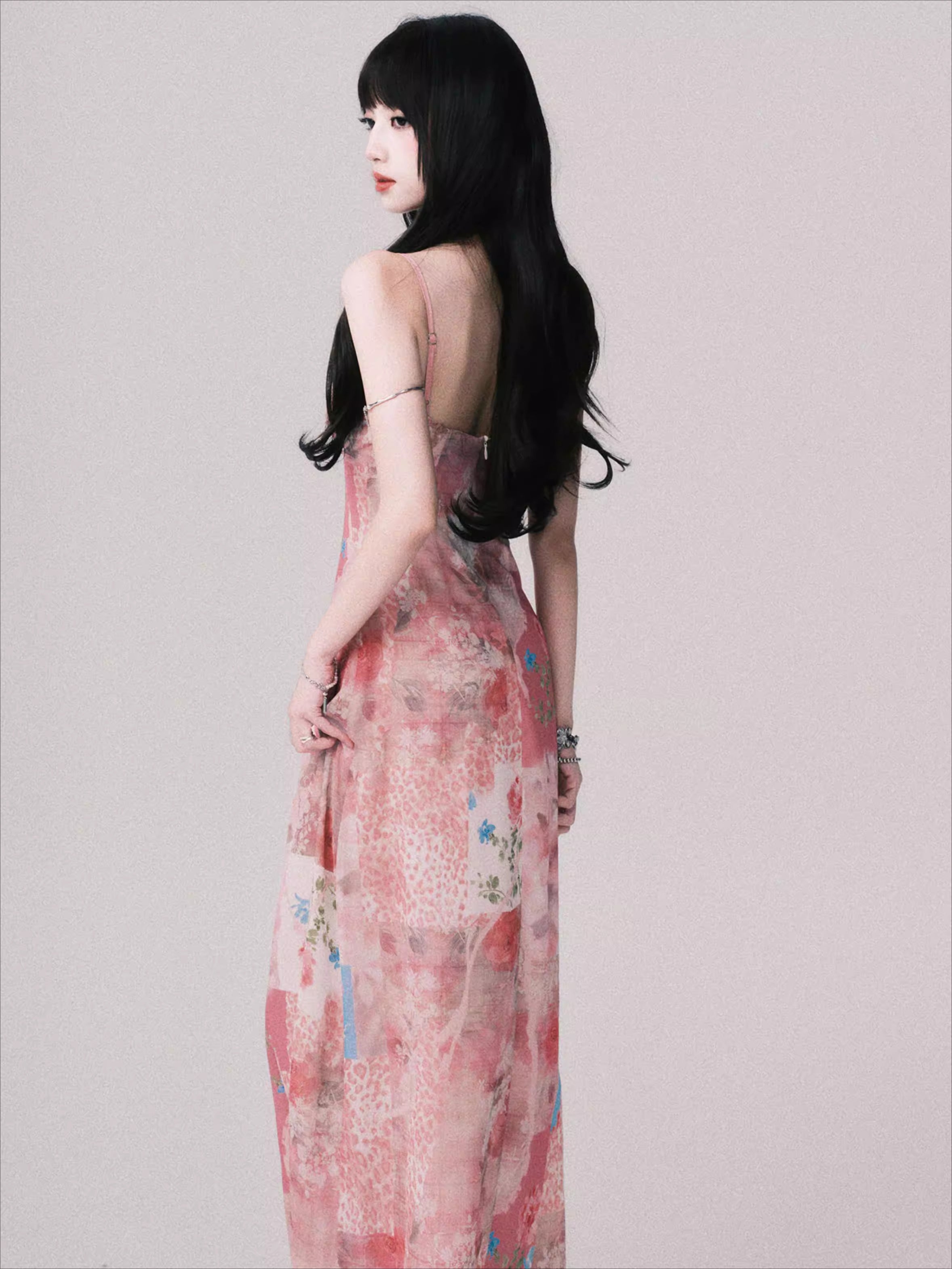 Floral V-Neck Spliced Print Slip Dress