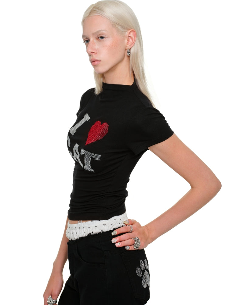 &quot;I ♥ CAT&quot; Rhinestone Fitted T-shirt - CHINASQUAD
