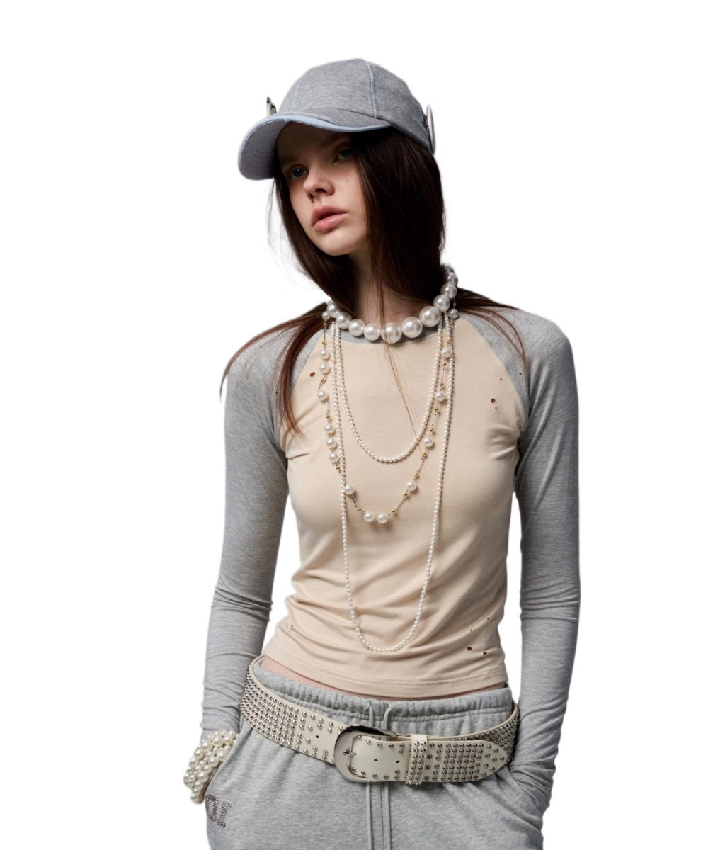 Printed Ripped Color-Block Crew Neck T-shirt