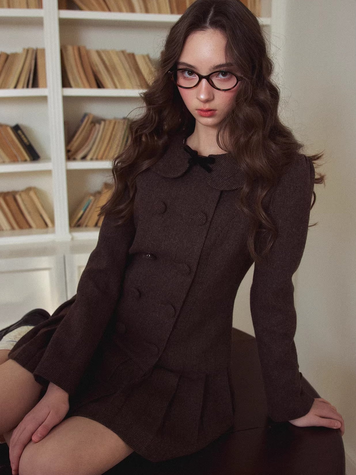 Vintage Preppy Doll-Collar Houndstooth Pleated Dress