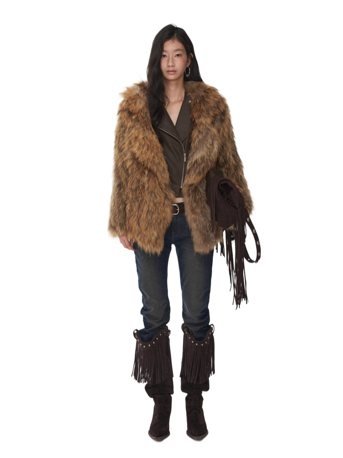 Raccoon Fur Oversized Lapel Woven Coat