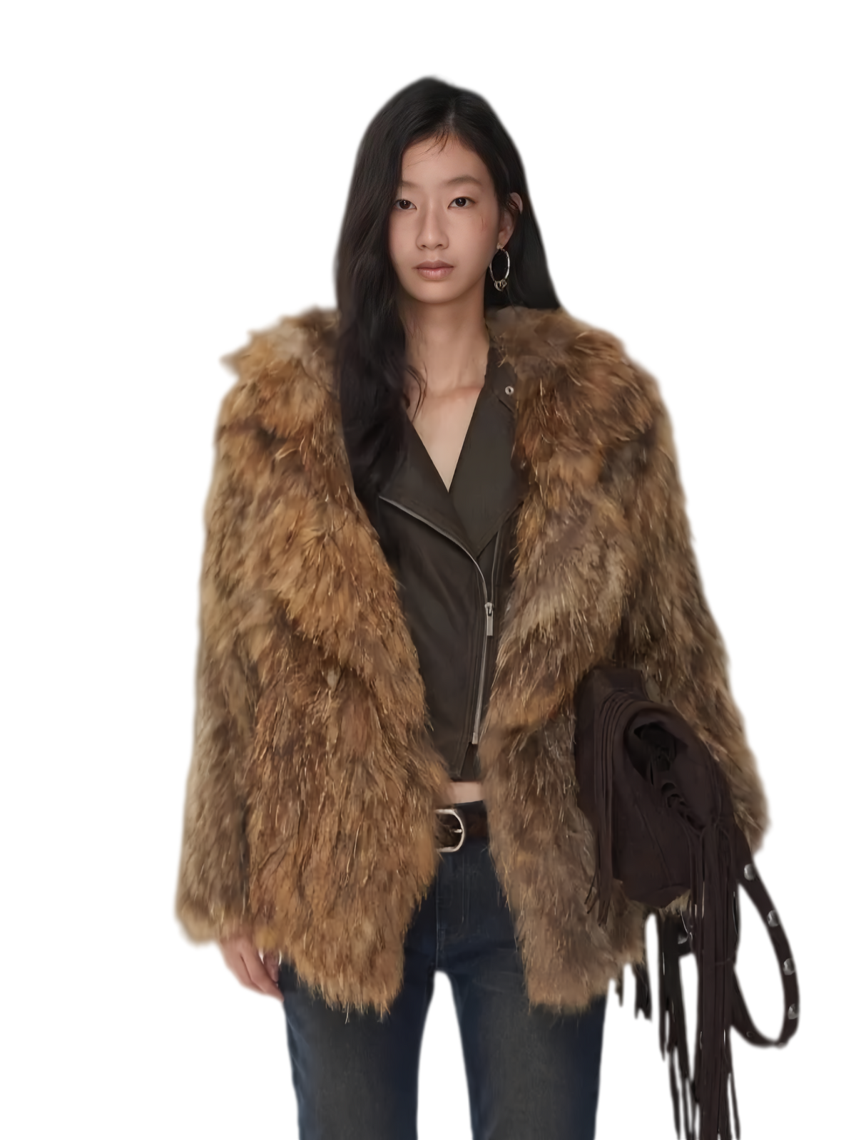 Oversize-Mantel aus Webstoff mit breitem Revers und Waschbärfell