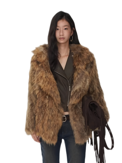 Oversize-Mantel aus Webstoff mit breitem Revers und Waschbärfell