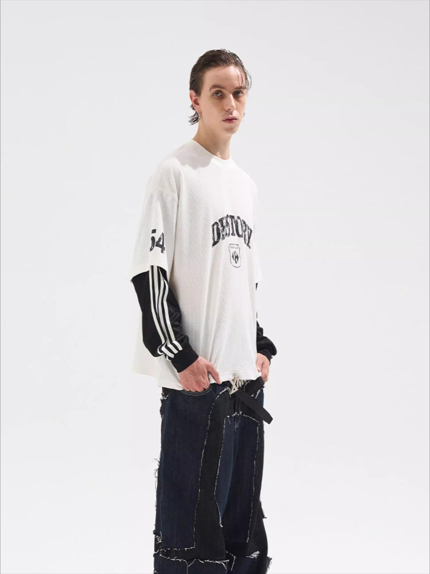 Faded Print Layered-Effect Patchwork Long Sleeve T-Shirt